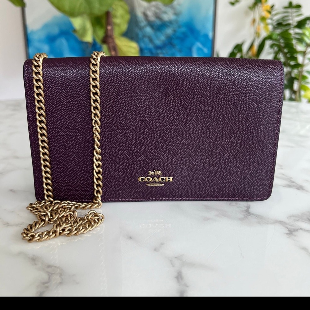 NWOT Coach 1941 Callie Foldover Chain Clutch Brass Plum Deep Purple 27084
